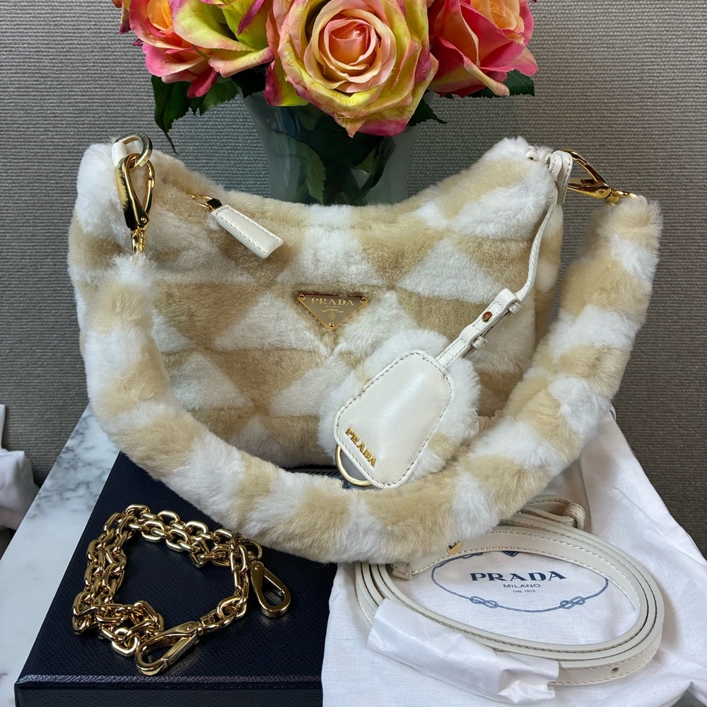 NWT Authentic Prada Re-Edition Beige White Shearling Shoulder Bag - Retail $4000